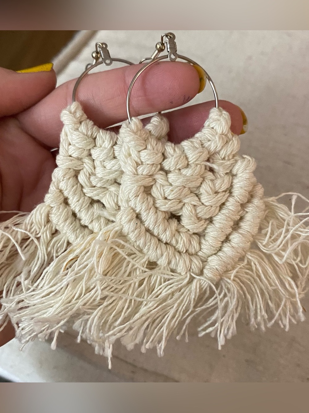 Boho Macramé Fringe Hoop Earrings - Cream